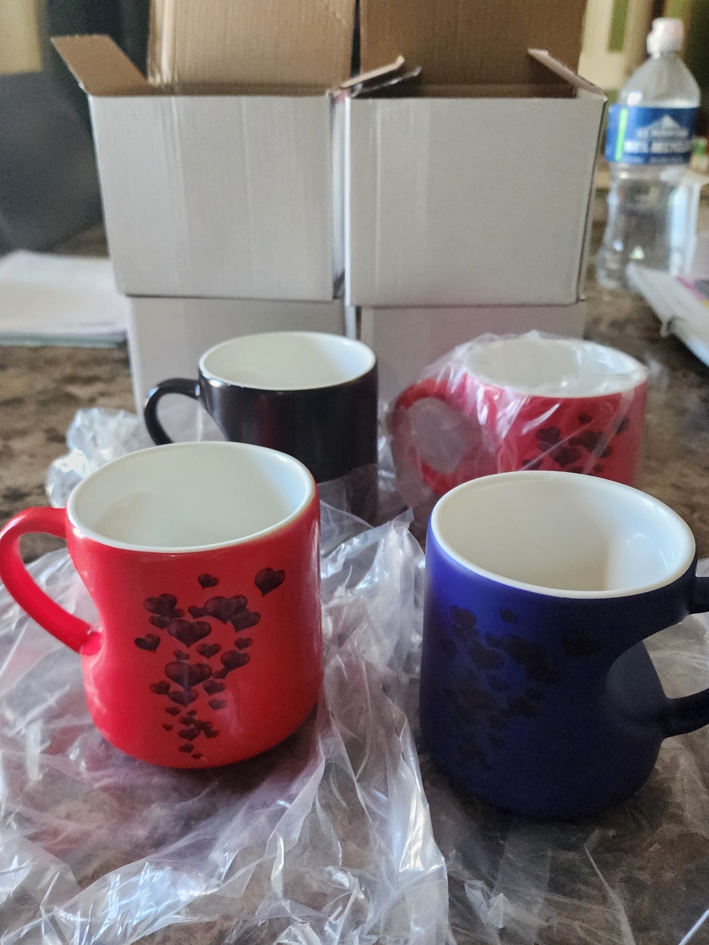 4 Set Of Heart Pattern color Changing Ceramic Mug - 2Red, Blue, Black